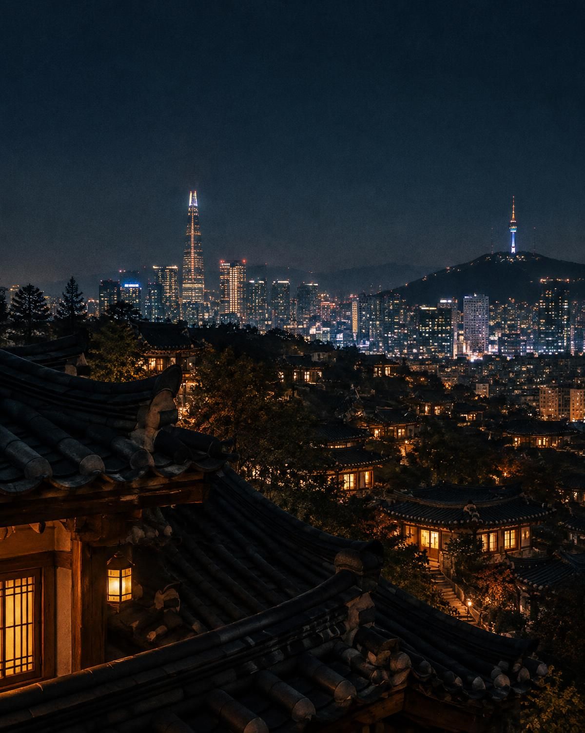 前景为传统屋檐，背后是灯火通明的首尔天际线与塔